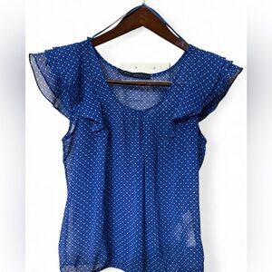 Zara blouse ruffle short sleeve white and blue heart design Medium Sheer top